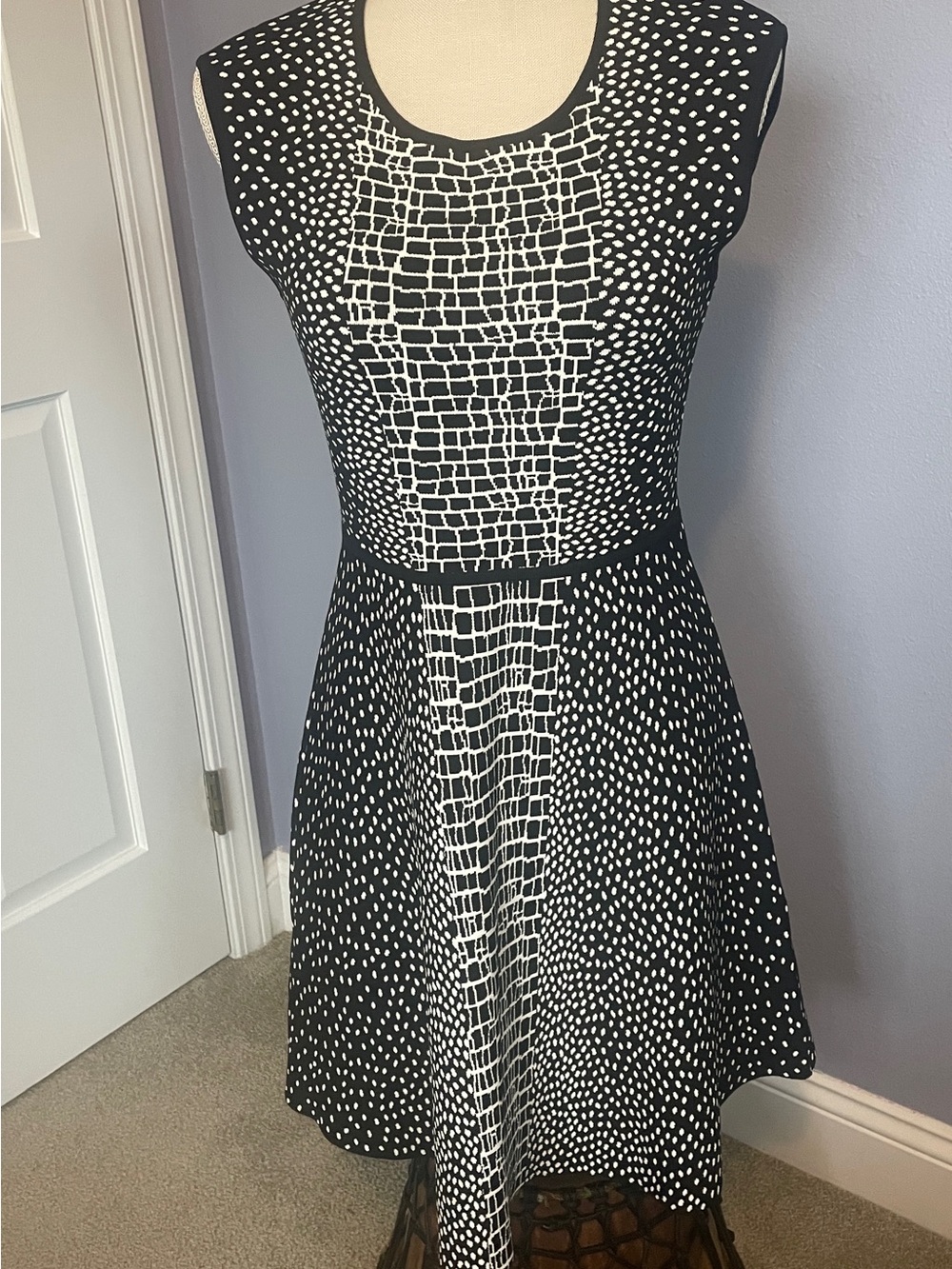 BCBGMaxazria Dina Dress Black&White Print Sleeveless Flare Mini Dress size M